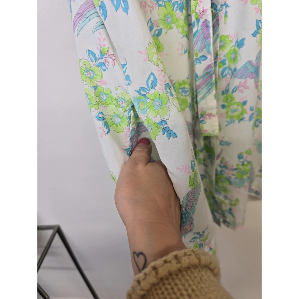Vintage Sears Perma Prest Sleeveless Tie Neck Tunic Blouse Bird Floral Pastel XL